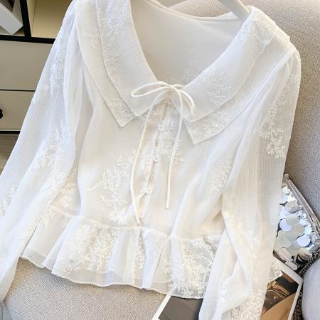 FA54923# 荷叶边V领长袖白衬衫女春季显瘦高级感法式蕾丝提花上衣  服裝批發女裝批發服飾貨源