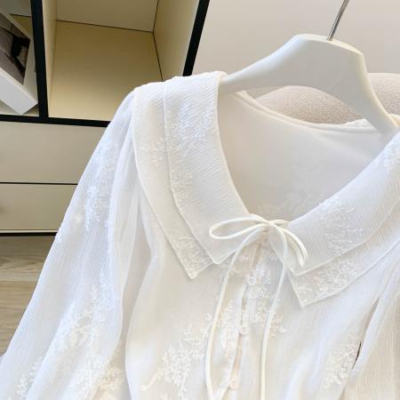 FA54923# 荷叶边V领长袖白衬衫女春季显瘦高级感法式蕾丝提花上衣  服裝批發女裝批發服飾貨源