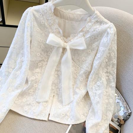 法式超好看蝴蝶结蕾丝衬衫女春季穿搭小众高级感洋气时尚上衣  服裝批發女裝批發服飾貨源