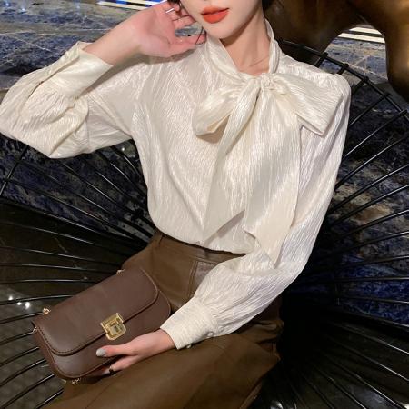 FA54925# 春季新款百搭系带原创长袖衬衫女上衣打底衫  服裝批發女裝批發服飾貨源