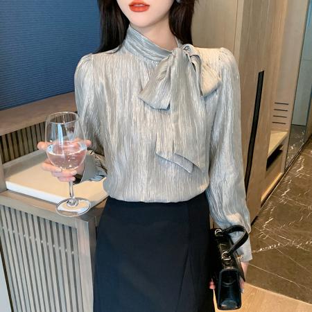 FA54925# 春季新款百搭系带原创长袖衬衫女上衣打底衫  服裝批發女裝批發服飾貨源