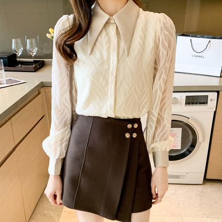 FA54926# 春季新款韩版提花面料灯笼袖长袖衬衫女上衣春季内搭  服裝批發女裝批發服飾貨源