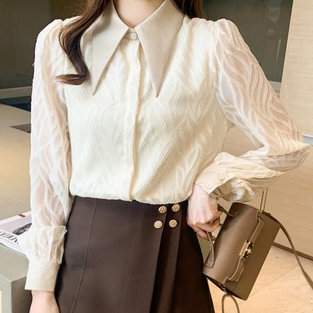 FA54926# 春季新款韩版提花面料灯笼袖长袖衬衫女上衣春季内搭  服裝批發女裝批發服飾貨源