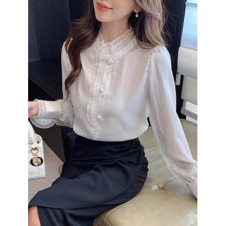 FA54927# 春装新款韩版百搭立领拼接长袖衬衫女上衣小衫  服裝批發女裝批發服飾貨源