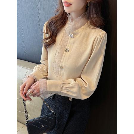 FA54927# 春装新款韩版百搭立领拼接长袖衬衫女上衣小衫  服裝批發女裝批發服飾貨源