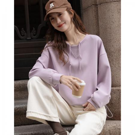 FA54929# 舒弹空气层春季简约风圆领手工套结帽绳宽肩型小个子女式卫衣  服裝批發女裝批發服飾貨源