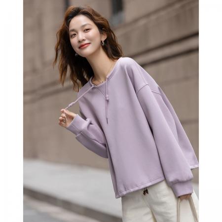 FA54929# 舒弹空气层春季简约风圆领手工套结帽绳宽肩型小个子女式卫衣  服裝批發女裝批發服飾貨源