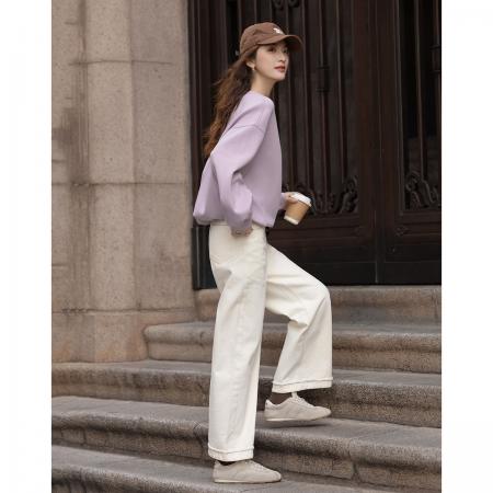 FA54929# 舒弹空气层春季简约风圆领手工套结帽绳宽肩型小个子女式卫衣  服裝批發女裝批發服飾貨源