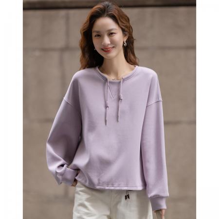 FA54929# 舒弹空气层春季简约风圆领手工套结帽绳宽肩型小个子女式卫衣  服裝批發女裝批發服飾貨源