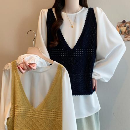 FA54931# 春秋新大码两件套镂空针织钩花背心长袖圆领衬衫叠穿  服裝批發女裝批發服飾貨源