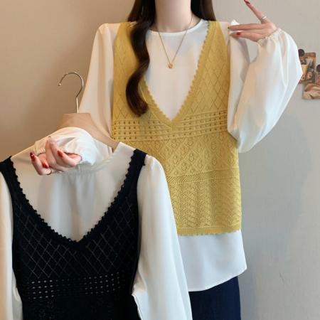 FA54931# 春秋新大码两件套镂空针织钩花背心长袖圆领衬衫叠穿  服裝批發女裝批發服飾貨源
