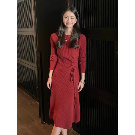 FA54932# 韩国春装新年红色连衣裙女中长款收腰显瘦过膝长裙针织打底毛衣裙  服裝批發女裝批發服飾貨源