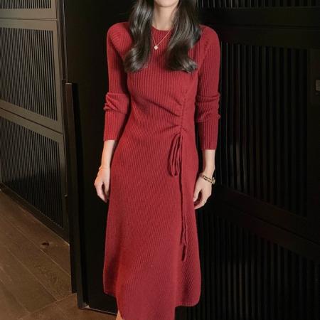 FA54932# 韩国春装新年红色连衣裙女中长款收腰显瘦过膝长裙针织打底毛衣裙  服裝批發女裝批發服飾貨源