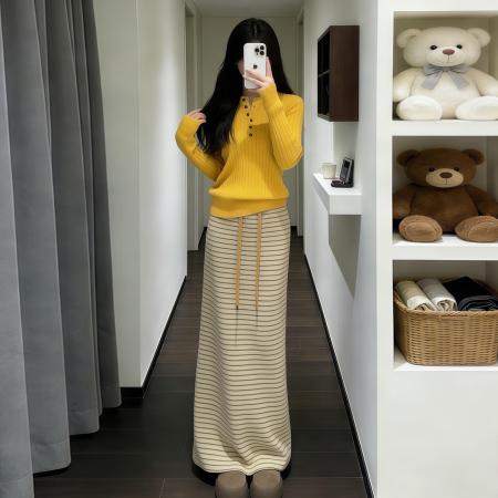 黄色毛衣针织连衣裙子女秋冬新款巨好看韩系穿搭一整套装长裙  服裝批發女裝批發服飾貨源