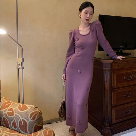 有针织连衣裙女秋冬新款法式高级感气质修身包臀长裙  服裝批發女裝批發服飾貨源