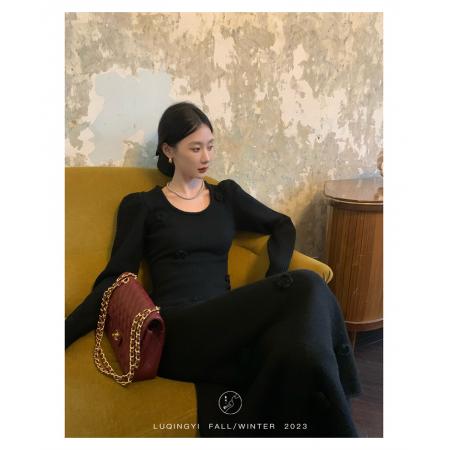 FA54934# 有针织连衣裙女秋冬新款法式高级感气质修身包臀长裙  服裝批發女裝批發服飾貨源