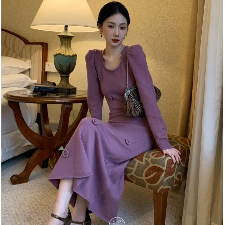 FA54934# 有针织连衣裙女秋冬新款法式高级感气质修身包臀长裙  服裝批發女裝批發服飾貨源