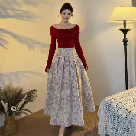 红色毛衣碎花半身裙子女新款秋冬装巨好看一整套新年战袍长裙  服裝批發女裝批發服飾貨源