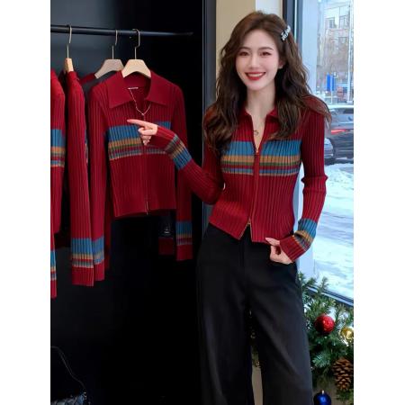 长袖气质别致上衣开衫短外套春季新款韩版撞色条纹针织衫女装  服裝批發女裝批發服飾貨源