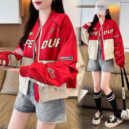 高端春季机车夹克女百搭撞色外套女立领短款刺绣字母外搭棒球服  服裝批發女裝批發服飾貨源