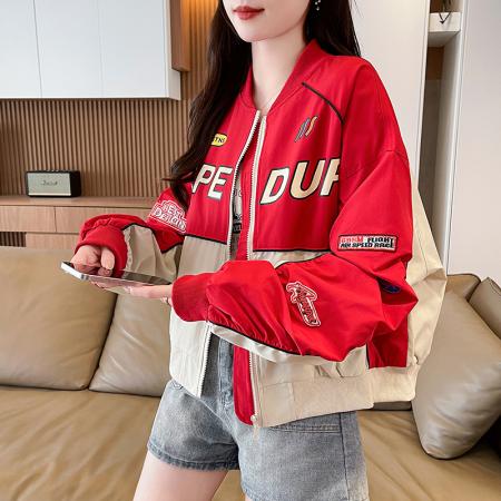 FA54938# 高端春季机车夹克女百搭撞色外套女立领短款刺绣字母外搭棒球服  服裝批發女裝批發服飾貨源