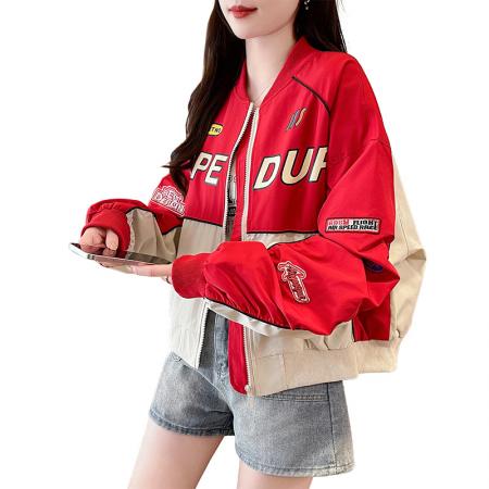 FA54938# 高端春季机车夹克女百搭撞色外套女立领短款刺绣字母外搭棒球服  服裝批發女裝批發服飾貨源
