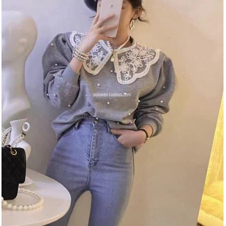 LN76434# 韩国东大门新款网红同款透明花纹翻领钉珠珍珠长袖加绒卫衣上衣女