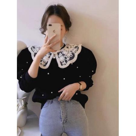 LN76434# 韩国东大门新款网红同款透明花纹翻领钉珠珍珠长袖加绒卫衣上衣女