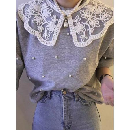 LN76434# 韩国东大门新款网红同款透明花纹翻领钉珠珍珠长袖加绒卫衣上衣女