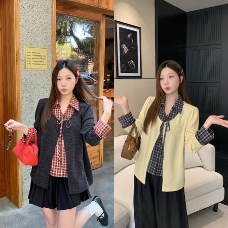 FA54940# 春装新款胖mm大码女假两件拼接格纹系带针织长袖上衣 服裝批發女裝批發服飾貨源