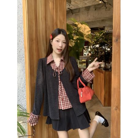 FA54940# 春装新款胖mm大码女假两件拼接格纹系带针织长袖上衣 服裝批發女裝批發服飾貨源