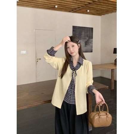 FA54940# 春装新款胖mm大码女假两件拼接格纹系带针织长袖上衣 服裝批發女裝批發服飾貨源