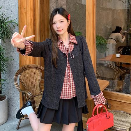 FA54940# 春装新款胖mm大码女假两件拼接格纹系带针织长袖上衣 服裝批發女裝批發服飾貨源