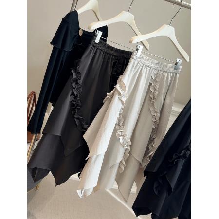 FA54941# 韩系木耳边拼接不规则a字半身裙女春新款高腰显瘦气质中长裙 服裝批發女裝批發服飾貨源