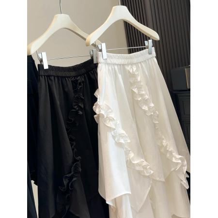 FA54941# 韩系木耳边拼接不规则a字半身裙女春新款高腰显瘦气质中长裙 服裝批發女裝批發服飾貨源