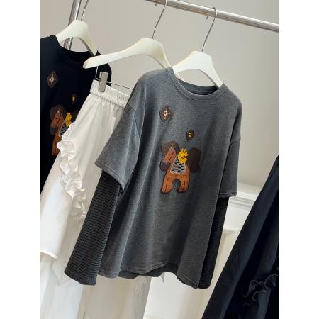 FA54942# 春新款“马上有钱”重工刺绣贴布假两件T恤女宽松慵懒风上衣 服裝批發女裝批發服飾貨源