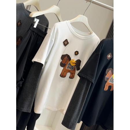 FA54942# 春新款“马上有钱”重工刺绣贴布假两件T恤女宽松慵懒风上衣 服裝批發女裝批發服飾貨源