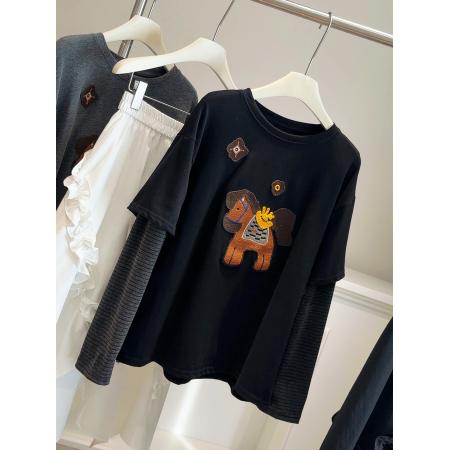 FA54942# 春新款“马上有钱”重工刺绣贴布假两件T恤女宽松慵懒风上衣 服裝批發女裝批發服飾貨源
