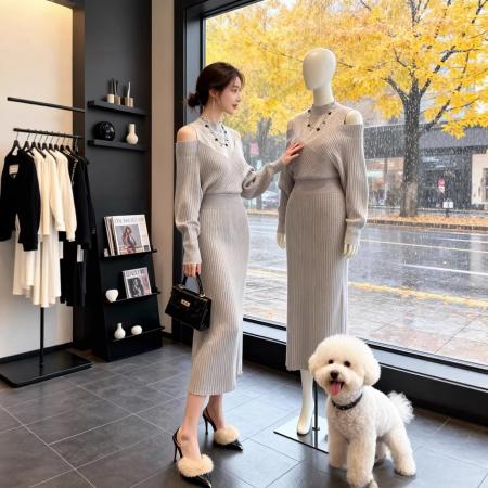 FA54943# 法式气质假两件露肩连衣裙女秋冬新款高级感慵懒风针织长裙子 服裝批發女裝批發服飾貨源