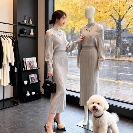 FA54943# 法式气质假两件露肩连衣裙女秋冬新款高级感慵懒风针织长裙子 服裝批發女裝批發服飾貨源