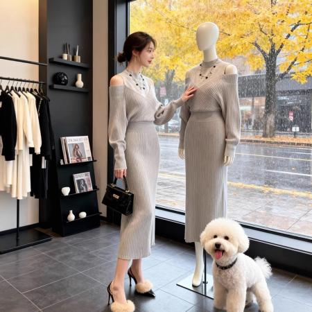 FA54943# 法式气质假两件露肩连衣裙女秋冬新款高级感慵懒风针织长裙子 服裝批發女裝批發服飾貨源