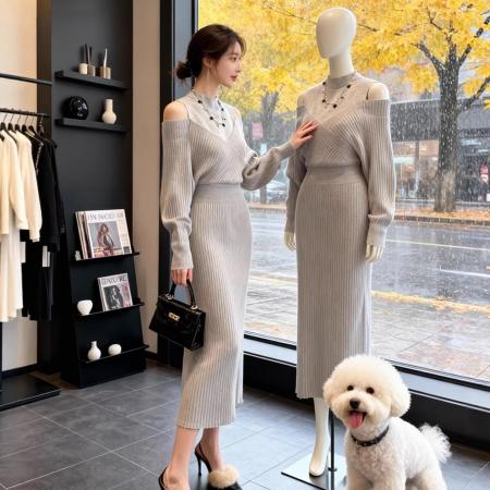 FA54943# 法式气质假两件露肩连衣裙女秋冬新款高级感慵懒风针织长裙子 服裝批發女裝批發服飾貨源