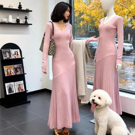 FA54945# 复古港风优雅性感V领针织连衣裙女春季收腰显瘦设计感长裙 服裝批發女裝批發服飾貨源