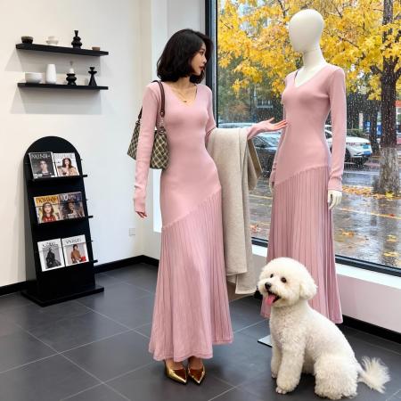 FA54945# 复古港风优雅性感V领针织连衣裙女春季收腰显瘦设计感长裙 服裝批發女裝批發服飾貨源