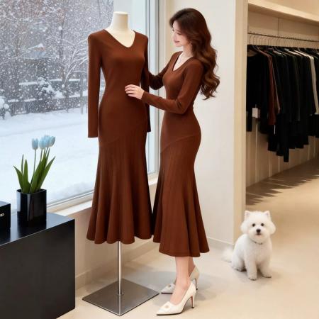 FA54945# 复古港风优雅性感V领针织连衣裙女春季收腰显瘦设计感长裙 服裝批發女裝批發服飾貨源