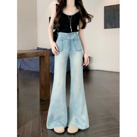 FA54946# 高腰直筒牛仔长裤女两粒扣设计感宽松阔腿微喇裤子 服裝批發女裝批發服飾貨源