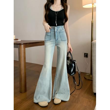 FA54946# 高腰直筒牛仔长裤女两粒扣设计感宽松阔腿微喇裤子 服裝批發女裝批發服飾貨源