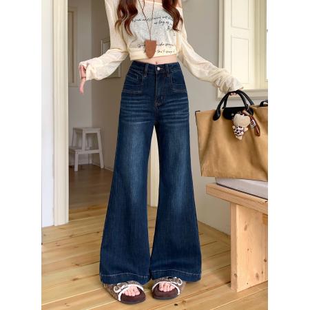 FA54947# 深色水洗牛仔长裤女口袋设计感微弹直筒微喇叭拖地阔脚裤子 服裝批發女裝批發服飾貨源