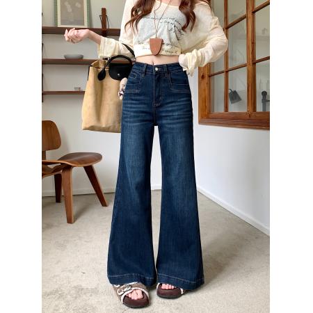 FA54947# 深色水洗牛仔长裤女口袋设计感微弹直筒微喇叭拖地阔脚裤子 服裝批發女裝批發服飾貨源