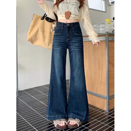 FA54947# 深色水洗牛仔长裤女口袋设计感微弹直筒微喇叭拖地阔脚裤子 服裝批發女裝批發服飾貨源